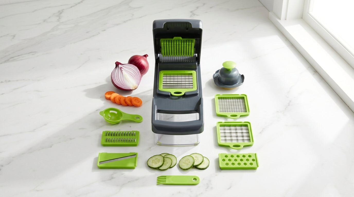 Multi-functional Vegetable Chopper — Flat Lay - Plated Food | Generated by Modelize